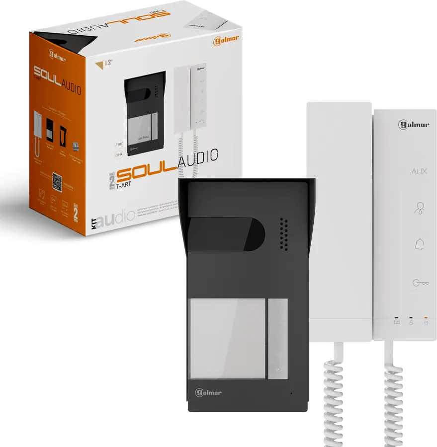 Kit de portero de audio Golmar SOUL: placa antivandálica de Zamak y teléfono T-ART blanco.