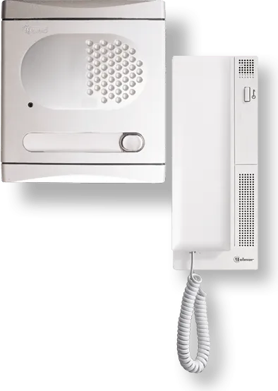 Kit de portero de audio Golmar STADIO: panel de calle de aluminio y teléfono blanco.