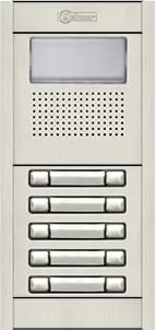 Panel de portería de audio con pulsadores, uno por apartamento.