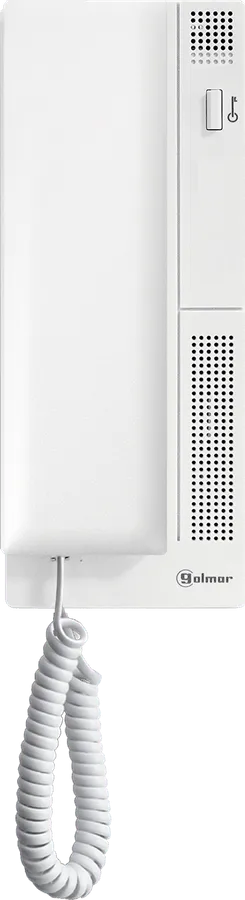 Teléfono de portero Golmar T-500, carcasa blanca con auricular y pulsador de apertura.